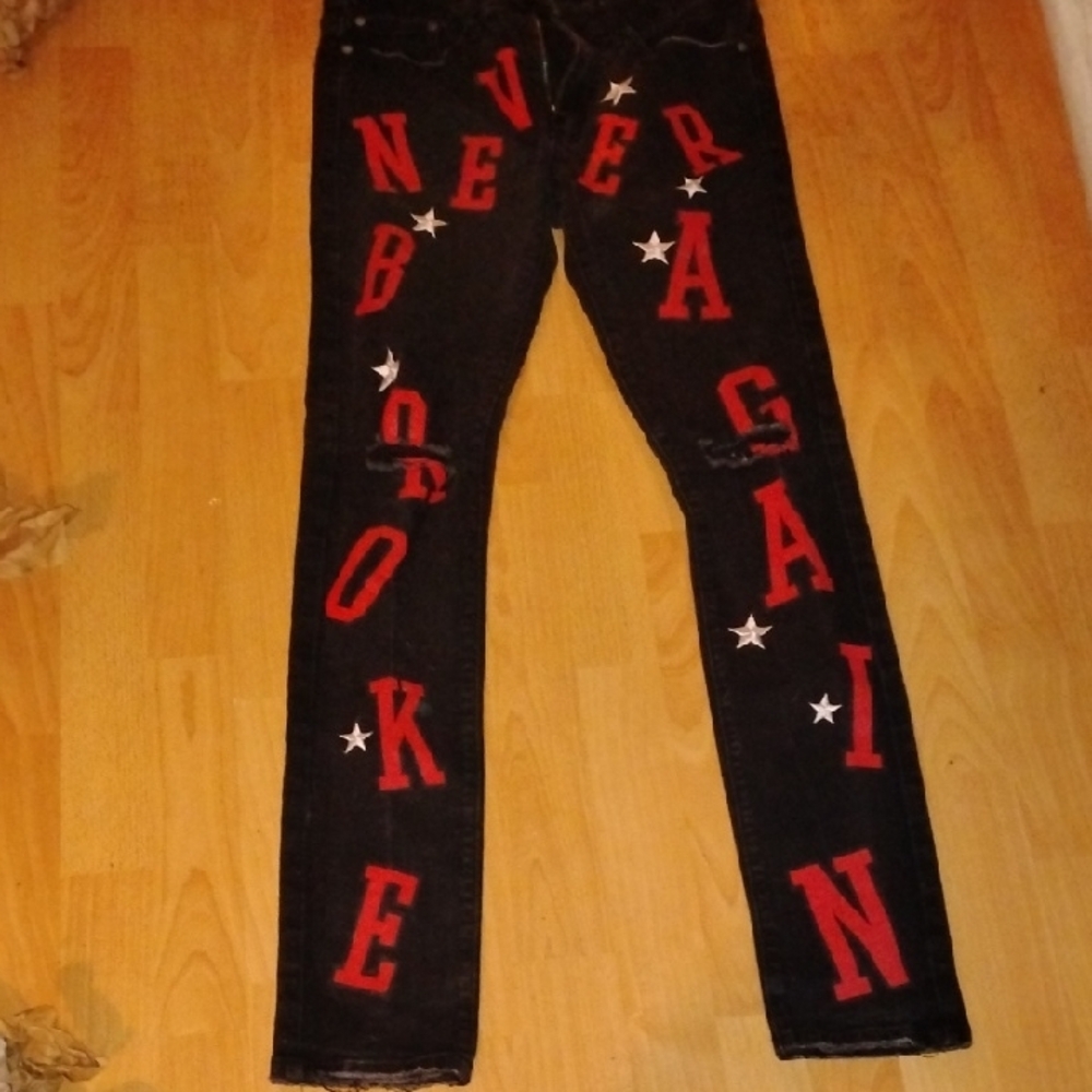 Black and Red Skinny Jeans with Bold Vegan Design